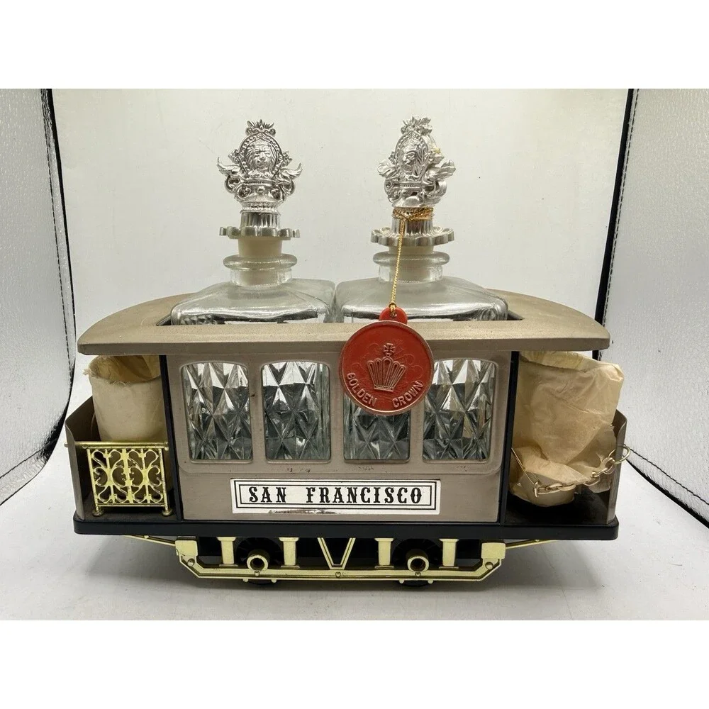 Golden Crown San Francisco Cable Car Decanter Music Box Set - Vintage Bar Ware